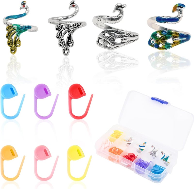 LBU 4Pcs Crochet Ring + 60Pcs Stitch Markers Adjustable Crochet Tension Rings for Finger Yarn Tension Guide Rings Crocheting Knitting Accessories with Box Gifts for Crocheters Knitters(Peacock) - Image 1